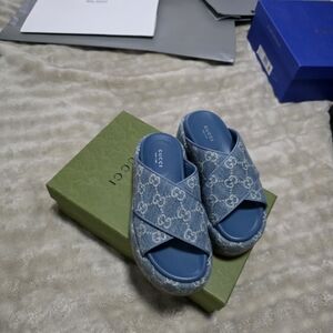 Gucci Denim GG Crossband Platform Slide - Blue